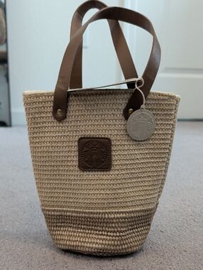 Starbucks Beige Straw Tote with Brown Handles